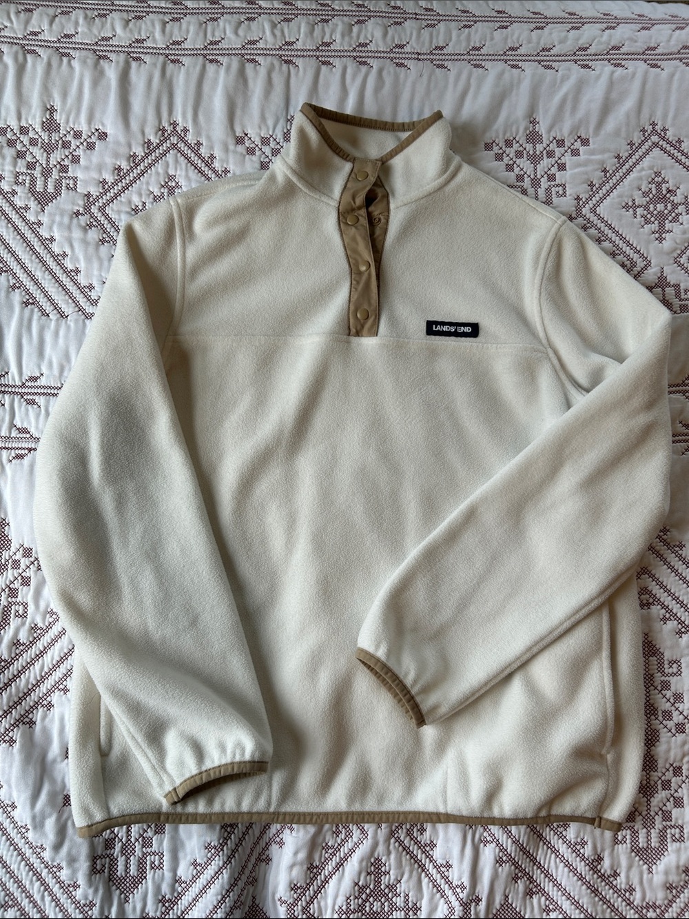 Lands' End Cream Fleece Snap-Up Pullover with Tan Trim